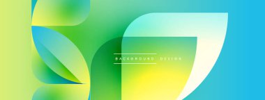 Soyut gradyan şekiller çakışıyor, dinamik görsel etki yaratıyor. Sarı, yeşil, mavi renkler düzgün bir şekilde harmanlanır. Modern tasarım ögesi.