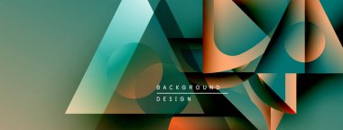 Soyut geometrik şekiller üst üste binerek modern tasarım yaratıyor. Teal, turuncu, gri renkler kompozisyona hakim. Minimalist metin mevcut.