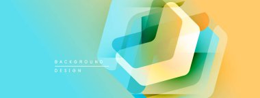 Soyut geometrik şekiller örtüşür, canlı bir gradyan arkaplan oluşturur. Turkuaz, sarı, yeşil renkler tasarımda baskın. Modern estetik.