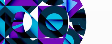 Soyut geometrik bileşim. Canlı maviler, morlar tasarıma hakim. Şekiller kesişir, dinamik görsel efekt yaratır. Modern, cesur estetik..