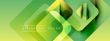 Soyut geometrik arkaplan. Üst üste binen kareler katmanlı etki yaratır. Yeşil, sarı renkler kompozisyona hakim. Modern tasarım ögesi.