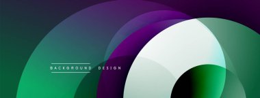 Soyut çakışan daireler dinamik eğimli arkaplan oluşturur. Modern tasarım canlı yeşil, mor, beyaz renkler kullanır. Minimalist estetik.