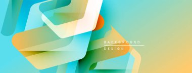 Soyut geometrik şekiller örtüşüyor, canlı renk eğimleri yaratıyor. Tasarımda deniz mavisi, turuncu, sarı renkler var. Modern estetik.