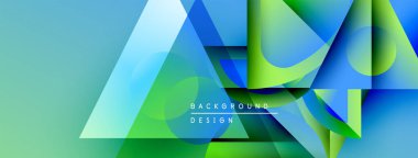 Soyut geometrik şekiller örtüşür, parlak mavi, yeşil eğimler yaratır. Modern tasarım elementleri dinamik görsel deneyim önerir.