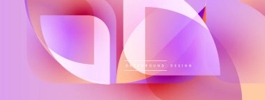 Soyut tasarım özellikleri üst üste binen şeffaf şekiller. Mor, pembe, turuncu renklerin karışımı dinamik görsel efekt yaratır. Modern arkaplan.