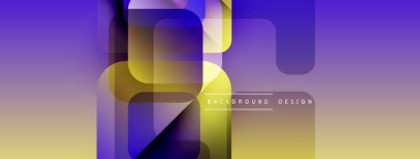 Soyut geometrik şekiller örtüşür, canlı bir değişim etkisi yaratır. Mor, sarı renkler kompozisyona hakim. Modern tasarım ögesi.