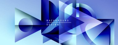 Soyut geometrik şekiller örtüşerek dinamik mavi gradyan bileşimi oluşturur. Arkaplan ve afişler için modern tasarım ögesi.
