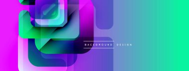 Soyut geometrik şekiller örtüşür, canlı gradyanlar yaratır. Pembe, mor, yeşil, mavi renkler kompozisyona hakim. Modern tasarım ögesi.