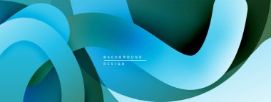 Soyut akışkan şekiller, mavi renkler dizaynın hakimi. Pürüzsüz gradyanlar dinamik görsel doku oluşturur. Modern arkaplan ögesi.