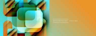 Soyut geometrik şekiller, canlı renkler, modern tasarım. Turuncu gradyan sağ tarafa hakim, katmanlı kareler görsel ilgi yaratır.