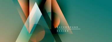 Soyut geometrik şekiller örtüşüyor, canlı renk eğimleri yaratıyor. Teal, turuncu ve yeşil renkler tasarımda baskın. Modern estetik.