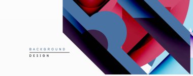 Soyut geometrik bileşim. Üst üste binen şekiller dinamik görsel efekt yaratır. Mavi, kırmızı, mor gradyanlar dizaynın hakimi. Arka planlar ve sunumlar için modern estetik.