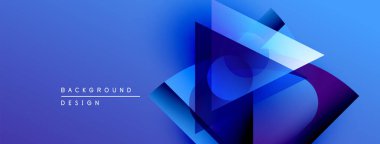 Soyut mavi tasarım, üst üste binen geometrik şekiller. Gradyan derinlik yaratır, modern estetik. Metin arkaplan tasarımı okur.