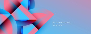 Soyut geometrik şekiller canlı mavileri, pembeleri, morları harmanlarlar. Gradyan arka plan dinamik görsel efekt yaratır. Asgari metin tasarım odağı gösteriyor.