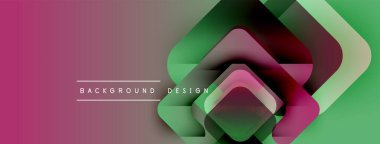 Soyut geometrik şekiller örtüşür, canlı bir gradyan arkaplan oluşturur. Pembe, yeşil renkler kompozisyona hakim. Modern tasarım ögesi.