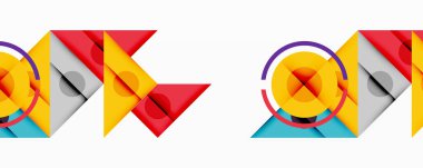 Soyut geometrik şekiller çakışıyor, canlı desenler yaratıyor. Çemberler, üçgenler, kareler dinamik bileşim oluşturur. Renkler arasında kırmızı, sarı, mavi, gri.