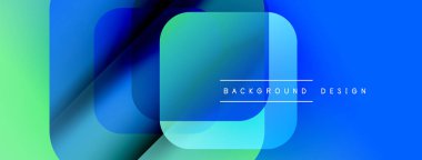 Soyut geometrik şekiller örtüşür, canlı gradyanlar yaratır. Mavi, yeşil renkler tasarıma egemen, modern estetik. Metin arkaplan tasarımı okur.