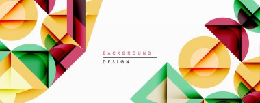 Soyut geometrik şekiller örtüşür ve canlı bir tasarım yaratır. Sarı, yeşil, kırmızı renkler beyaz alana hakim. Modern estetik, temiz çizgiler, dinamik kompozisyon.