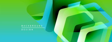 Soyut geometrik şekiller çakışıyor. Canlı yeşil, mavi renkler dinamik görsel efekt yaratır. Arka planlar ve pankartlar için modern tasarım uygun.