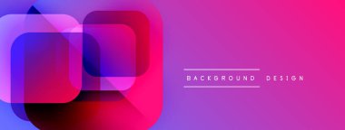 Soyut geometrik şekiller örtüşüyor, canlı renk eğimleri yaratıyor. Pembe, mor, mavi renkler dizaynda baskın. Minimalist metin mevcut.