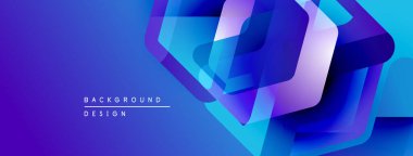 Soyut geometrik şekiller örtüşür, parlak mavi mor renkler yaratır. Modern tasarım elementleri teknoloji, yenilik, akıcılık öneriyor.