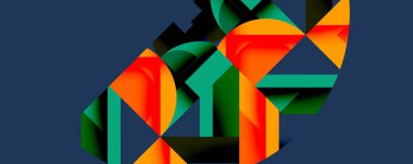 Soyut geometrik şekiller örtüşür, canlı renk zıtlıkları yaratır. Tasarım keskin açılar, kalın renkler, modern estetik.