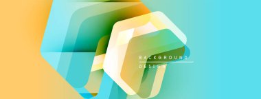 Soyut geometrik şekiller örtüşüyor, canlı renk eğimleri yaratıyor. Açık mavi, sarı, yeşil renkler kompozisyona hakim. Modern tasarım ögesi.