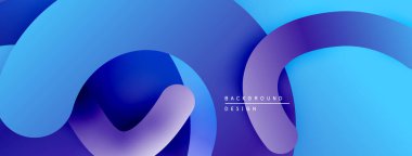 Soyut sıvı şekilleri, canlı maviler, morlar dinamik bir zemin oluşturur. Yumuşak eğimler hareketi, derinliği gösterir. Modern tasarım ögesi.