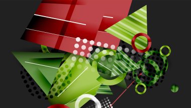 Soyut geometrik şekiller çakışıyor. Kırmızı, yeşil renkler koyu arkaplana hakim. Çizgiler, daireler dinamik bileşim oluşturur. Modern tasarım elemanları.