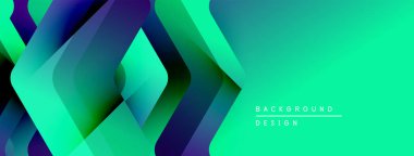 Soyut geometrik şekiller örtüşür, canlı bir değişim etkisi yaratır. Yeşil sağ tarafı, mor solu domine eder. Modern tasarım ögesi.