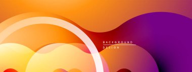 Soyut gradyanlar turuncu, sarı ve moru harmanlarlar. Düz şekiller dinamik arka plan tasarımı yaratır. Modern, canlı kompozisyon.