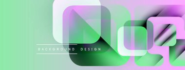 Soyut geometrik şekiller örtüşüyor, canlı yeşil, mor renkler yaratıyor. Arkaplan ve sunumlar için modern tasarım ögesi.