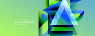 Soyut geometrik şekiller örtüşür, canlı katmanlı tasarım yaratır. Yeşil arkaplan mavi, sarı renkleri tamamlar. Modern görsel kompozisyon.