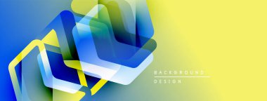 Soyut geometrik şekiller örtüşür, parlak mavi, yeşil ve sarı renkler yaratır. Arkaplan, pankart ve sunumlar için modern tasarım ögesi.