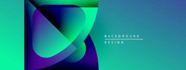 Soyut gradyan şekiller çakışıyor, dinamik görsel etki yaratıyor. Teal, mavi, mor renkler kompozisyona hakim. Minimalist metin mevcut.
