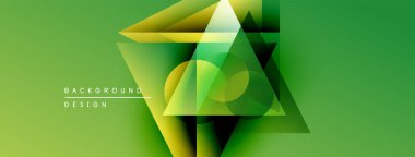 Soyut geometrik şekiller örtüşüyor, canlı yeşil, sarı renkler yaratıyor. Modern tasarım elementleri teknoloji ve yenilik öneriyor.