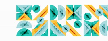 Soyut geometrik şekiller tekrar eder. Teal, sarı renkler kompozisyona hakim. Modern tasarım, temiz çizgiler görsel ritim yaratır.