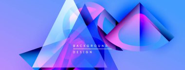 Soyut geometrik şekiller örtüşür, parlak mavi, pembe ve mor renkler yaratır. Modern tasarım elementleri teknoloji ve yenilik öneriyor.