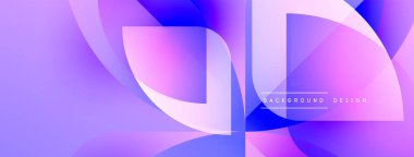 Soyut geometrik şekiller örtüşüyor, canlı mor ve mavi renkler yaratıyor. Modern tasarım akıcılık, dinamizm, görsel ilgi.