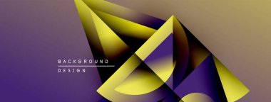 Soyut geometrik şekiller örtüşüyor, dinamik mor, altın rengi gradyan oluşturuyor. Arkaplan ve sunumlar için modern tasarım ögesi.