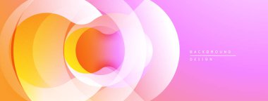 Soyut çemberler çakışıyor, canlı gradyanlar yaratıyor. Turuncu, pembe renkler kompozisyona hakim. Modern tasarım ögesi.
