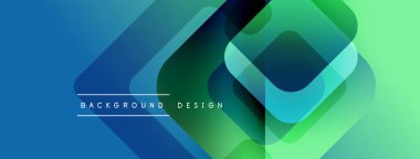 Soyut geometrik şekiller mavi ve yeşil renkleri harmanlarlar. Modern tasarım üst üste binen kareler, gradyanlar içerir. Minimalist estetik dinamik görsel etki yaratır.