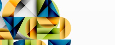 Soyut geometrik şekiller örtüşür, canlı renk blokları oluşturur. Kompozisyon üçgenler, eğriler ve negatif boşluklar içerir..