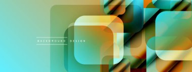 Soyut geometrik şekiller çakışıyor. Gradyan renkler modern tasarım yaratır. Turkuaz, turuncu, sarı renkler kompozisyona hakim. Mevcut en küçük metin.