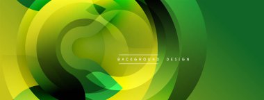 Soyut yeşil arkaplan. Üst üste binen daireler dinamik görsel efekt yaratır. Modern tasarım elementleri teknoloji ve yenilik öneriyor.