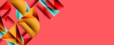 Soyut geometrik şekiller, canlı renkler, mercan arkaplan. Modern tasarım, dinamik kompozisyon, görsel doku.