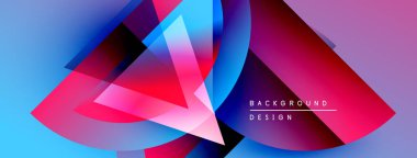 Soyut geometrik şekiller örtüşüyor, canlı renk eğimleri yaratıyor. Mavi, pembe, mor renkler tasarımda baskın. Modern estetik.