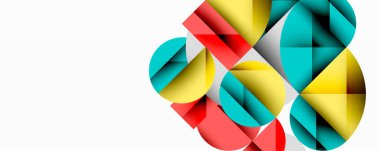 Soyut geometrik şekiller örtüşür ve canlı bir bileşim yaratır. Sarı, kırmızı, turkuaz renkler beyaz arkaplana hakim. Modern tasarım.