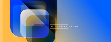 Soyut geometrik şekiller örtüşüyor, canlı renk eğimleri yaratıyor. Mavi, turuncu, gri renkler kompozisyona hakim. Modern tasarım ögesi.