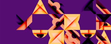 Soyut geometrik şekiller, turuncu renkler, mor arkaplan. Modern tasarım, dinamik bileşim, keskin açılar, görsel doku.